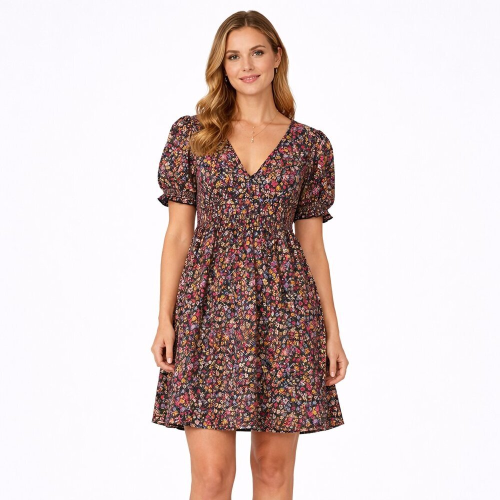 Miss Selfridge Ditsy Floral Puff Sleeve V-Neck Fit Flare Mini Dress Size 14